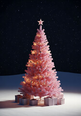 A pink Christmas tree with snow gently falling on it at night, set against a dark background. Charming Retro Romance & Joyful Celebrations