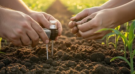 Hands planting seeds in fertile soil at sunrise.