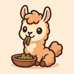 Obraz premium Joyful alpaca cartoon mascot enjoys its meal.