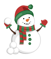 Cute snowman playing snowball fight in wintertime. Vector illustration