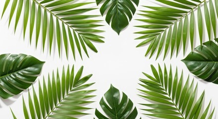 Obraz premium Green Tropical Leaves Arrangement on White Background for Nature and Wellness Themes