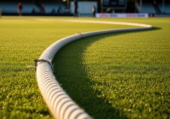 Cricket sport Ground level view of boundary rope on green field in evening sunshine with spectators in background measures 160 characters