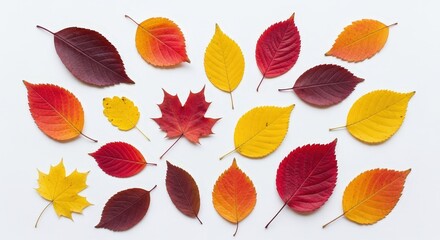 Fototapeta premium Colorful Autumn Leaves of Various Shapes and Sizes on a White Background