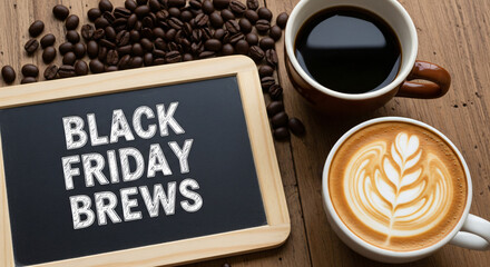 Cozy coffee shop with chalkboard sign celebrating black friday with fresh brews and coffee beans concept of black friday