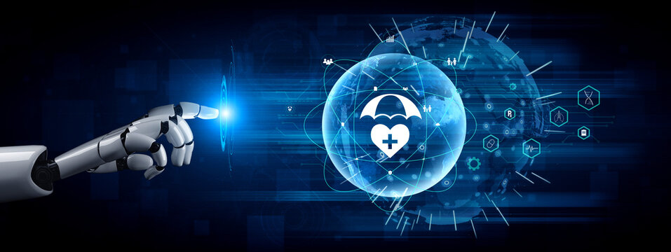 AI in global healthcare and medical insurance solutions for family protection. Digital technology and AI provide access to health services worldwide. Motif