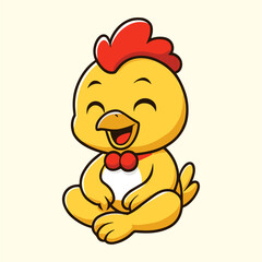 Sitting cartoon chick mascot is smiling