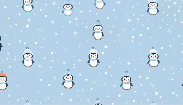 Winter pattern with cute cartoon penguins and snow flakes