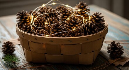 Pine cones in a basket with string lights on a rustic wooden surface indoors