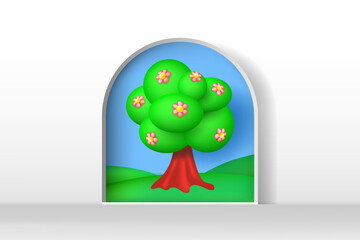 Arched entrance overlooking green hills and a large blossom tree