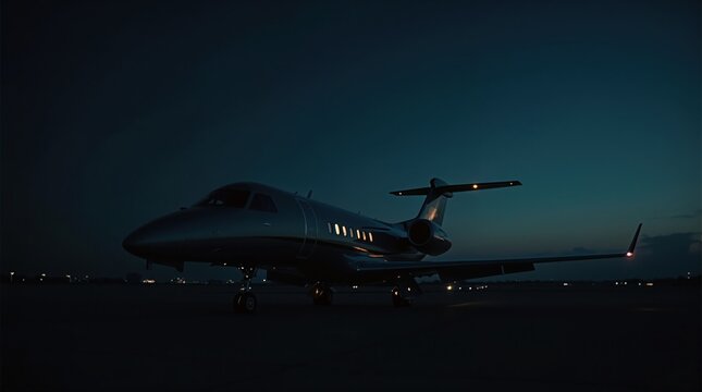 A private jet parked on an airport runway at dusk. The aircraft is sleek and modern, illuminated by runway lights against a darkening sky.