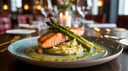 Salmon fillet with asparagus and mashed potatoes on a plate close up