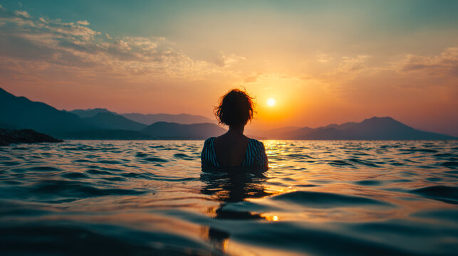 Woman swimming in ocean watching sunset over mountains