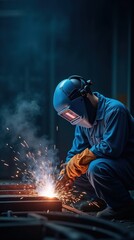 A man in a blue jumpsuit and welding helmet works on metal, creating sparks in a dimly lit industrial setting.