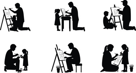 Parents and children drawing together, silhouette illustration of family art time, creative bonding activity, sketching, teaching kids portrait art