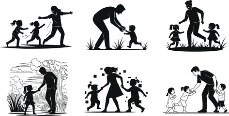 Parent playing with children silhouette, family bonding outdoors, happy parenting concept, childhood fun activity, mother and father with kids illustration