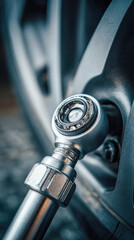 Close up of an industrial machine bolt and metal tools. Vertical photo