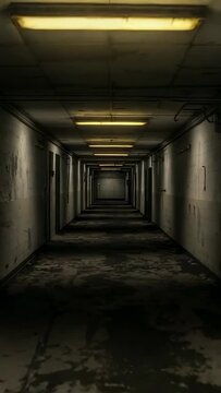 Vertical video: Ending hold, camera moving down corridor, exposing flickering lights and pipes
