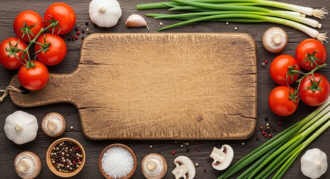 Overhead view of a rustic wooden cutting board surrounded by fresh ingredients like tomatoes, garlic, mushrooms, and green onions