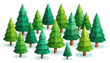 Cartoon Illustration of a Verdant Pine Tree Forest with Various Shades of Green Under a Sunny Sky Detailed Nature Scene Graphic Design