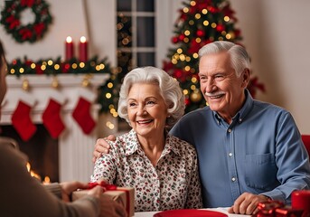 Happy senior couple receiving a Christmas gift during holiday celebration.