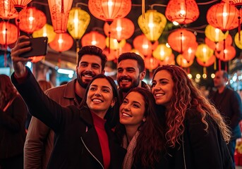 Happy group of friends taking a selfie at a vibrant lantern festival at night.