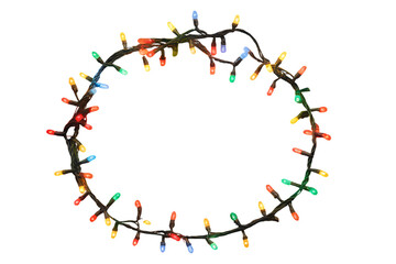 Colorful Christmas lights forming a festive circular frame on a crisp white background, perfect for holiday greetings.