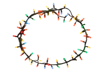 Colorful Christmas lights forming a festive circular frame on a crisp white background, perfect for holiday greetings.