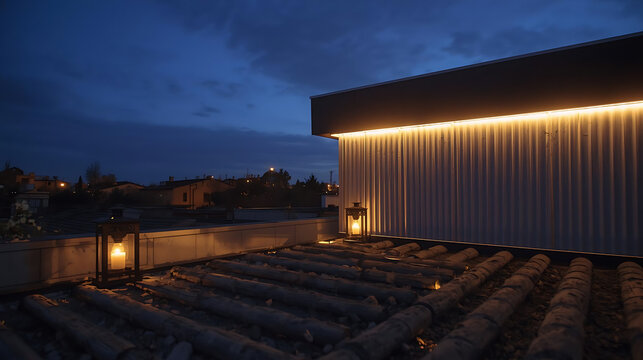 Serene Night Ambiance on a Rooftop Terrace with Lanterns and Warm LED Lighting