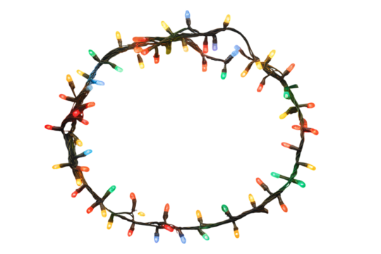 Colorful Christmas lights forming a festive circular frame on a crisp white background, perfect for holiday greetings.