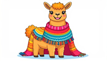 Cartoon Llama Illustration with Colorful Andean Scarf on White Background