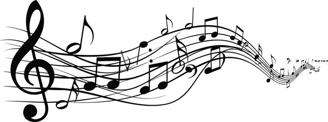 Musical notes flowing on curved staff, treble clef design, abstract music background, artistic rhythm concept, melody illustration, harmony theme © Rafin's World