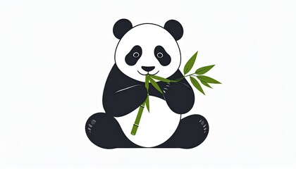 Cartoon Panda Sitting and Eating Bamboo on White Background
