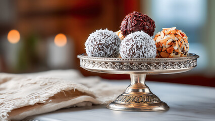 Fictional elegant silver platter holds three different types of round, chocolate truffles decorated with coconut, dark chocolate and almonds. Handmade winter holiday treats. 