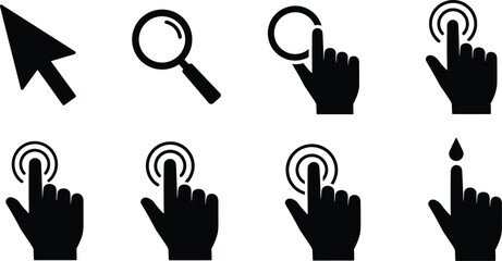 Mouse cursor and hand click icons set, pointer, touch screen, navigation, selection, zoom, search and user interface symbol vector