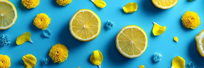 A bright flat lay featuring lemon slices yellow flowers and blue accents on a blue background