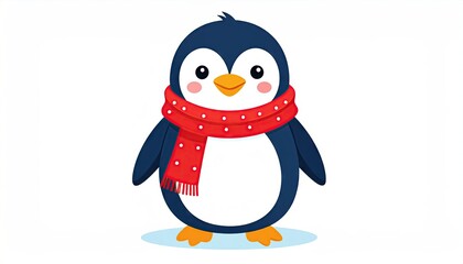 Cartoon Penguin with Red Scarf on White Background Flat Vector Illustration