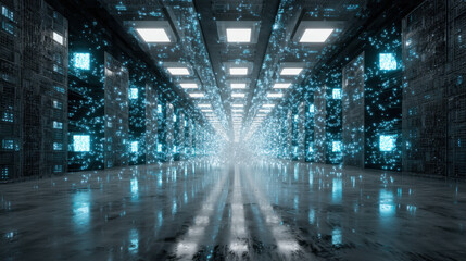 Data transferring in futuristic server room corridor