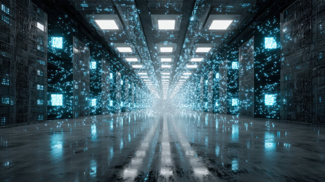 Data transferring in futuristic server room corridor