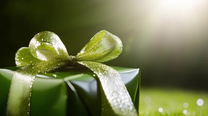 Gift of nature's blessing: Close-up of a neatly wrapped green gift box, adorned with a matching ribbon. The scene captures the essence of giving.