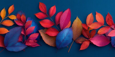A vibrant array of colorful autumn leaves arranged on a deep blue background creating a vivid border