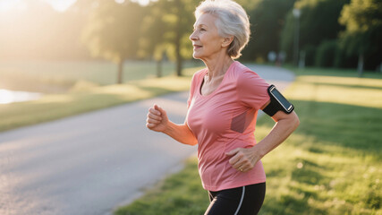 Healthy mature female jogging in early morning sunlight, reflecting vitality, strong bones, active lifestyle, and menopause-friendly osteoporosis prevention.
