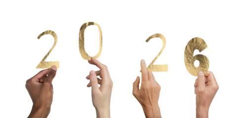 Future 2026 celebration. Woman holding shiny golden numbers symbolizing new beginnings, hope, and