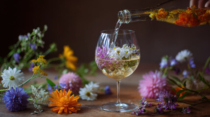 Pouring floral infused drink into glass with flowers