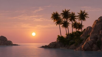 A serene tropical island scene with silhouetted palm trees on rocky cliffs at sunset casting a warm glow over the calm ocean