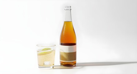 Chilled golden liquid in a sleek bottle and elegant glass with a refreshing citrus twist, embodying crispness and modern beverage design