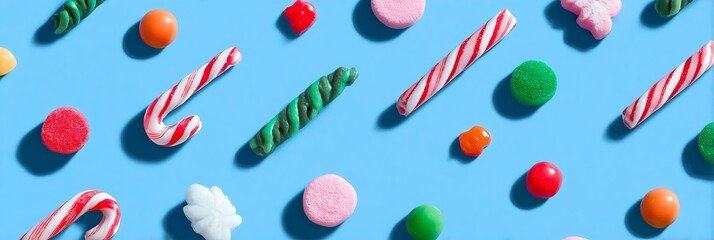 A bright blue background filled with an assortment of colorful candies and candy canes scattered around