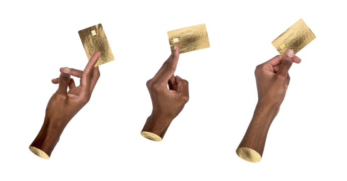 Gold card in hand. African American man holding shiny credit card symbolizing wealth, success, and
