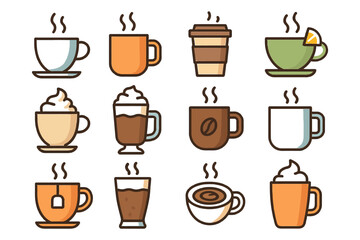 Obraz premium Variety of coffee and tea cups with steam icons.