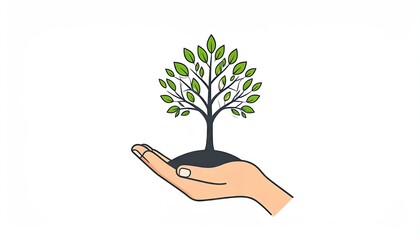 Cartoon Tree with Emoji Faces in Leaves Held by Human Hand on White Background