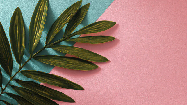 Palm leaf on pastel pink and blue background